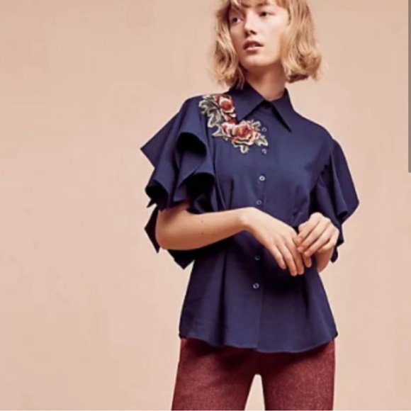 Anthropologie Tops - NWT - Anthropologie Zinnia Flutter Sleeve Navy Blue  Women's Top